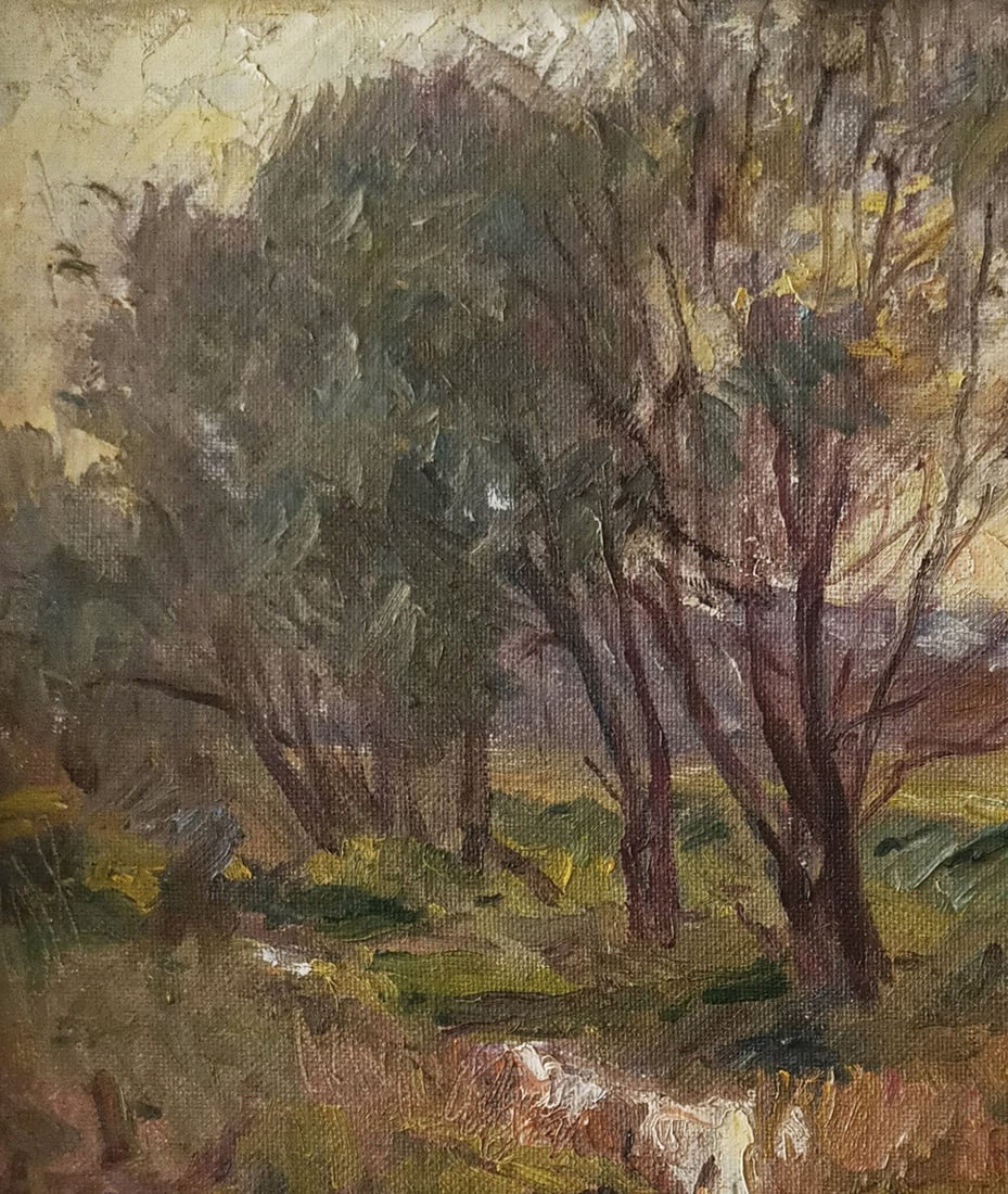 Oil painting River by honored painter Ukrainian Vasyl K.: 08Kv Painter: Vasyl K. S?ze: 50x44 cm/ 19.68x17.32 inches Components: oil, canvas Original painting CONDITION: exellent ERA: 2004 ARTIST: Vasyl Honored Artist of Ukraine, he worked in the field of eas