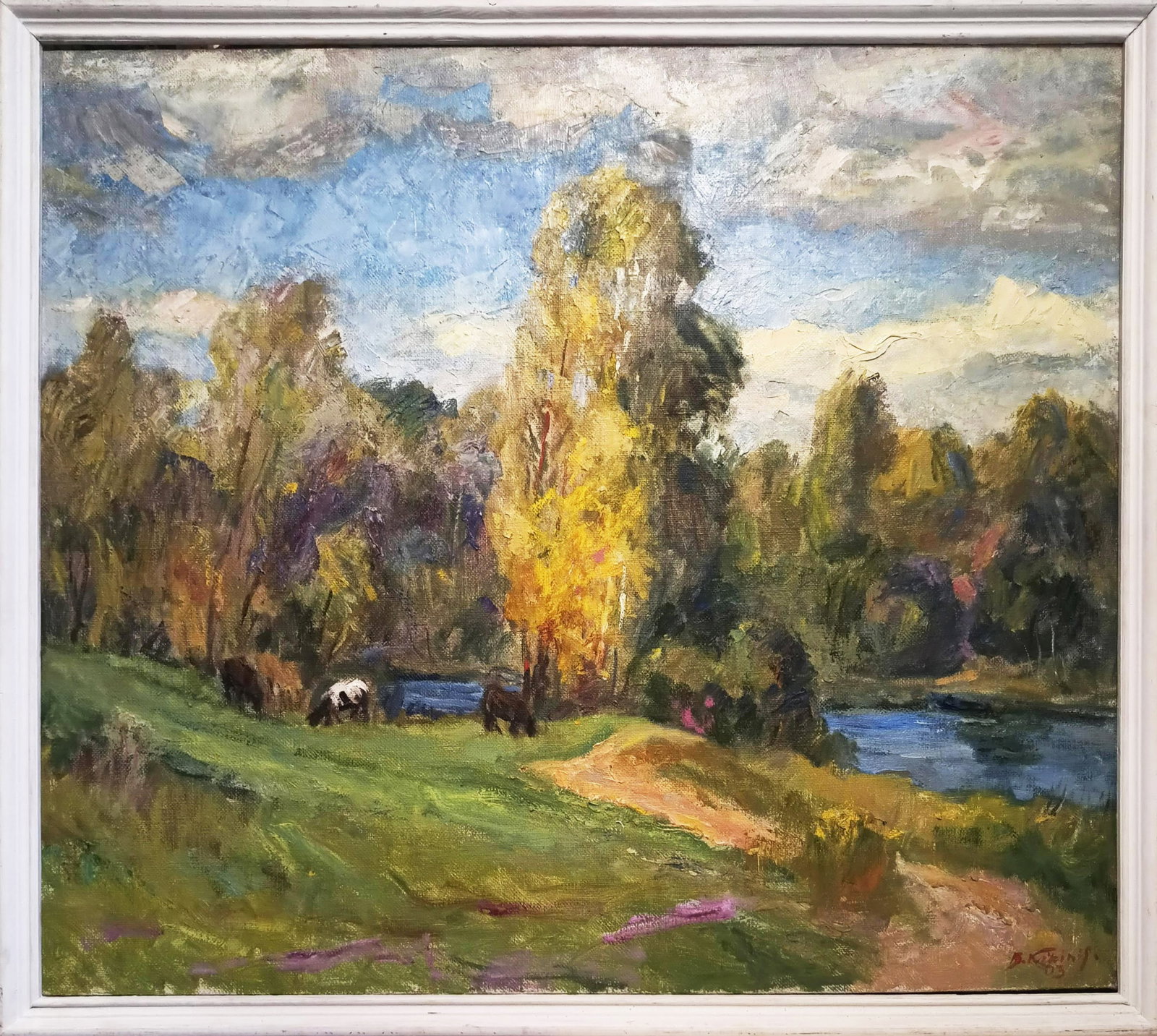 Oil painting Pasture by honored painter Ukrainian Vasyl K.: 12Kv Painter: Vasyl K. S?ze: 70.2x85.2 cm/ 27.63x33.54 inches Components: oil, canvas Original painting CONDITION: exellent ERA: 2003 ARTIST: Vasyl Honored Artist of Ukraine, he worked in the field of