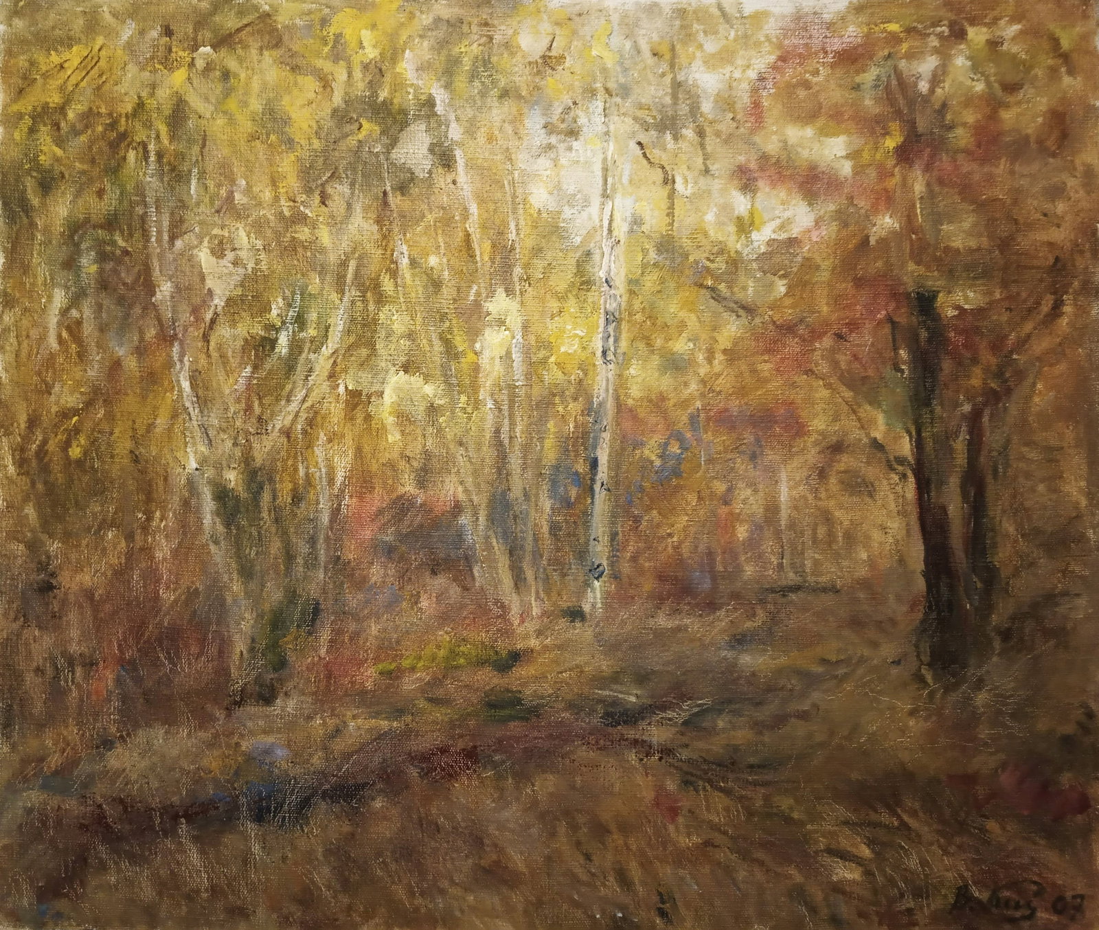 Oil painting Autumn by honored painter Ukrainian Vasyl K.: 14Kv Painter: Vasyl K. S?ze: 61.5x72.5 cm/ 24.21x28.54 inches Components: oil, canvas Original painting CONDITION: exellent ERA: 2007 ARTIST: Vasyl Honored Artist of Ukraine, he worked in the field of