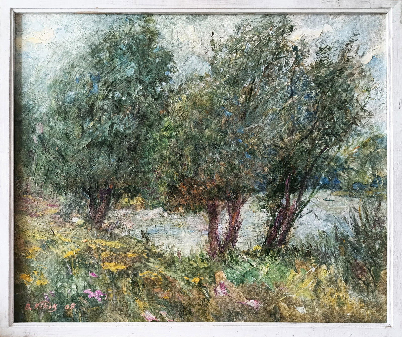 Oil painting Trees by the river by honored painter Ukrainian Vasyl K.: 19Kv Painter: Vasyl K. S?ze: 73x85.2 cm/ 28.74x33.54 inches Components: oil, canvas Original painting CONDITION: exellent ERA: 2005 ARTIST: Vasyl Honored Artist of Ukraine, he worked in the field of e
