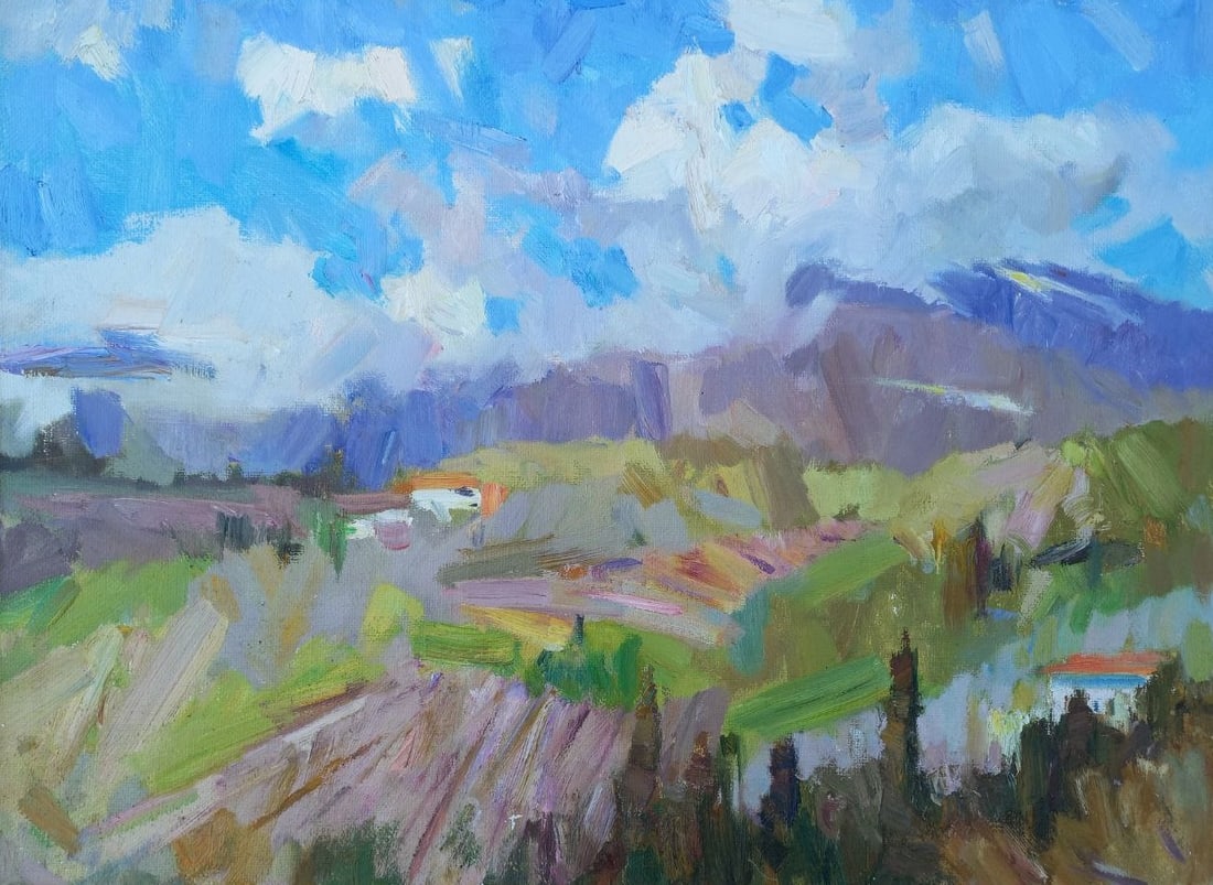 Oil painting Mountain rosy color Alex Ditriev: 156AD Painter: Alex Ditriev S?ze: 76x56 cm/ 29.9x22.0 inches Components: oil, canvas Original painting from our collection ERA: Short information: Alex was born on May 10, 1977 in the city of Nikolaev