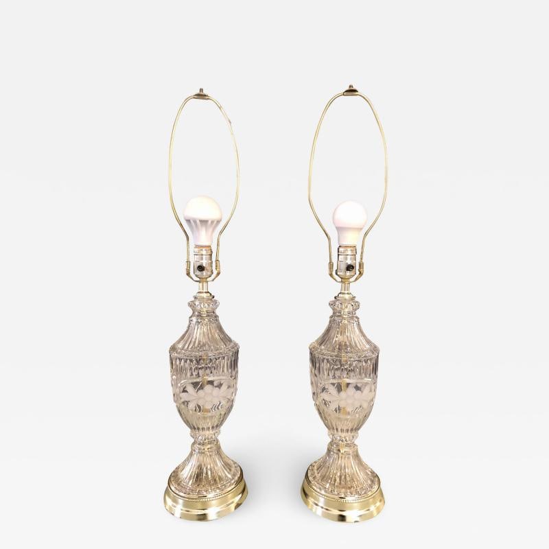Pair of Cut Glass Lamps Having an Urn Form: Title: Pair of Cut Glass Lamps Having an Urn Form Description: Description 1: Pair of cut glass lamps having an urn form. Each taking one sixty watt light bulb. Height: 30 inches Diameter: 7 inches De