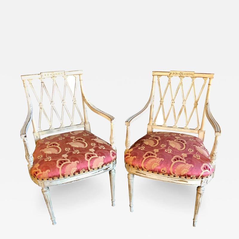 Pair of 19th-20th Century Armchairs in Scalamandre Upholstery Swedish Finish: Title: Pair of 19th-20th Century Armchairs in Scalamandre Upholstery Swedish Finish Description: Description 1: Pair of 19th-20th century armchairs in a Scalamandre upholstery having a Swedish Finish.