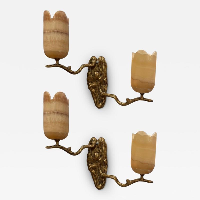 Contemporary, Modern Wall Sconces, Branch Motif, Bronze, Alabaster, 21st C.: Title: Contemporary, Modern Wall Sconces, Branch Motif, Bronze, Alabaster, 21st C. Description: Description 1: Contemporary, Modern Wall Sconces, Branch Motif, Bronze, Alabaster, 21st C. Illuminate yo
