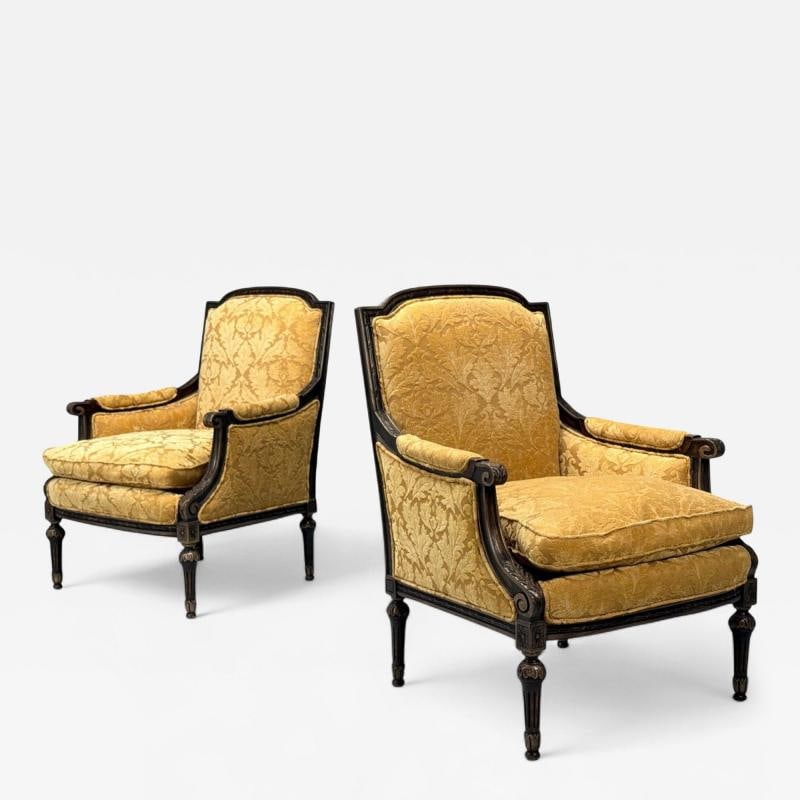Louis XVI Style, Beige Fabric, Mahogany, Lounge Chairs, France, 1920s: Title: Louis XVI Style, Beige Fabric, Mahogany, Lounge Chairs, France, 1920s Description: Description 1: Louis XVI Style, Beige Fabric, Mahogany, Bergere Chairs, France, 1920s Pair of Jansen style Fau