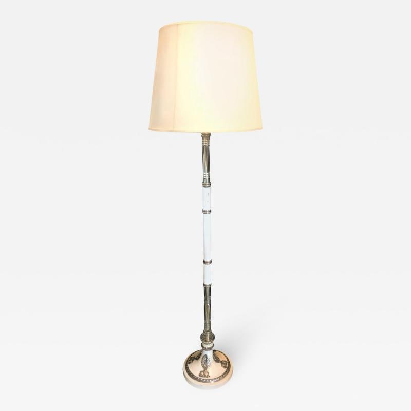 Hollywood Regency Style White Marble Glass and Silver Plate Floor Standing Lamp: Title: Hollywood Regency Style White Marble Glass and Silver Plate Floor Standing Lamp Description: Description 1: A Hollywood Regency style white marble and glass with silver plated mounts floor or s