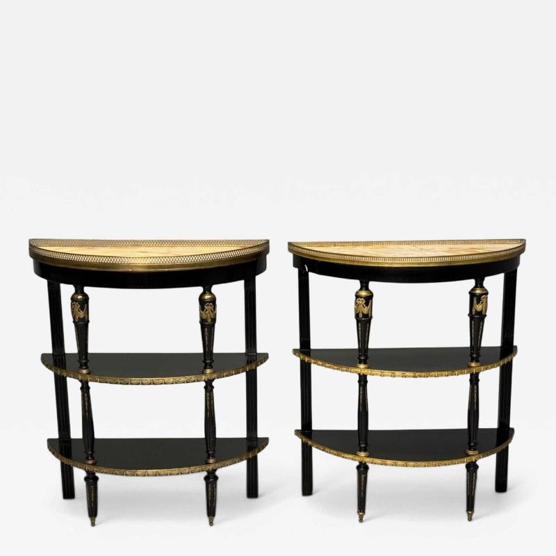 Hollywood Regency, Ebony Painted Wood, Onyx, Demilune Console Tables, 1930s (1 of 12)