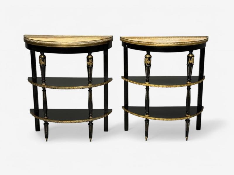 Hollywood Regency, Ebony Painted Wood, Onyx, Demilune Console Tables, 1930s - 5