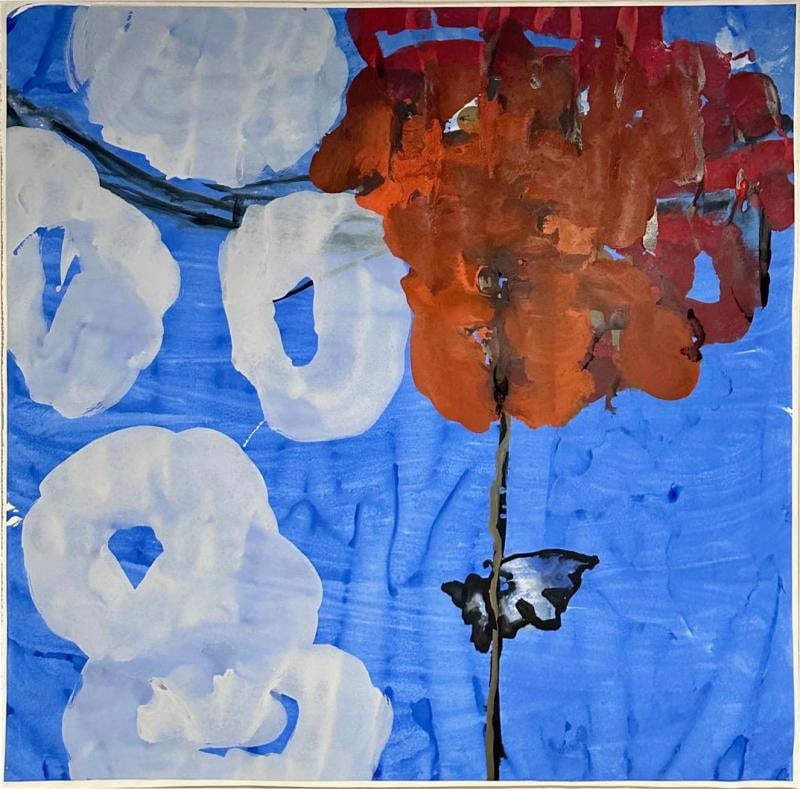 Modern, Large Watercolor, Abstract Blue Sky, Floating, Framed, c. 1990s: Title: Modern, Large Watercolor, Abstract Blue Sky, Floating, Framed, c. 1990s Description: Description 1: Contemporary, Large Modern Watercolor, Abstract Sky Painting, Blue, White Clouds, Red Flower 