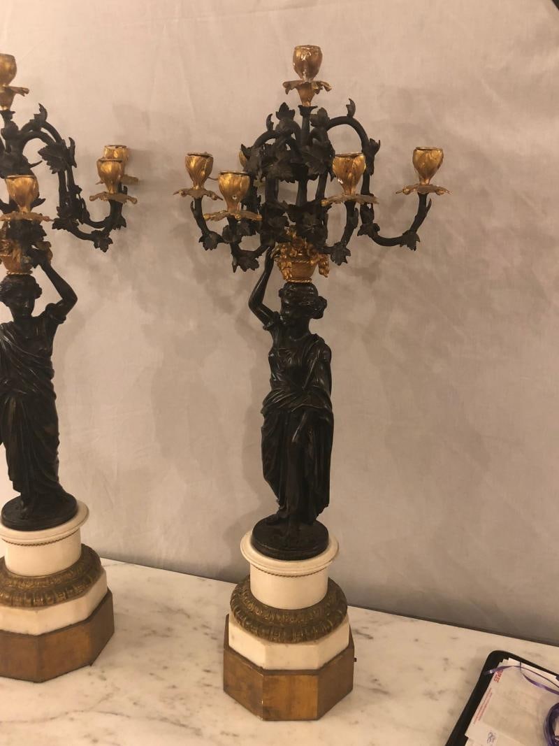Pair of Neoclassical Style Bronze Six-Arm Figural Candelabra - 12