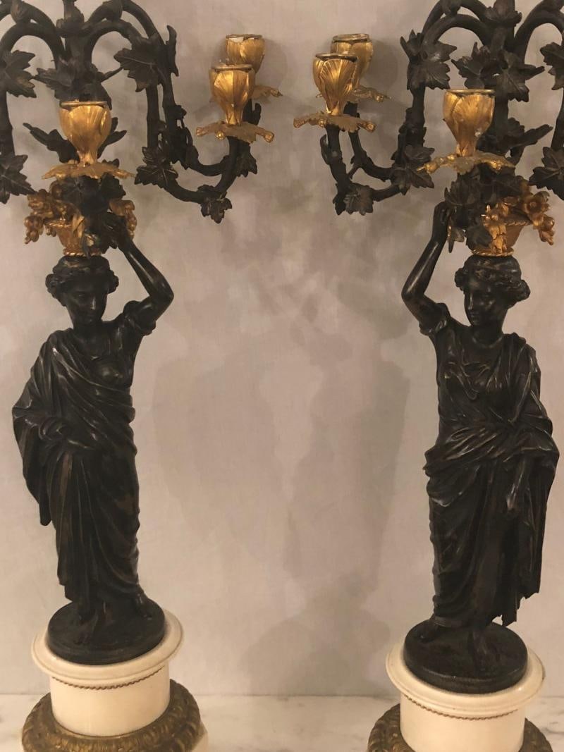 Pair of Neoclassical Style Bronze Six-Arm Figural Candelabra - 2