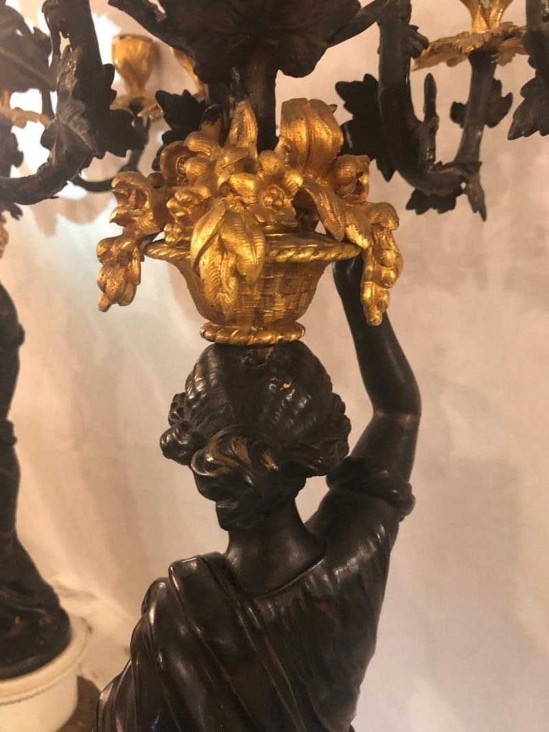 Pair of Neoclassical Style Bronze Six-Arm Figural Candelabra - 9