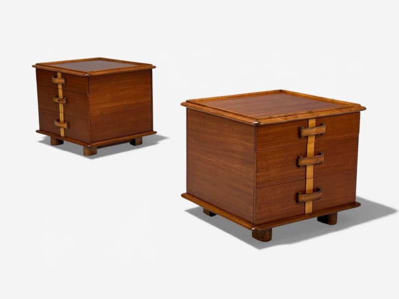 Paul Frankl, Rare Nightstands, Mahogany, Rock Maple, Brass, Leather, USA, 1950s - 3