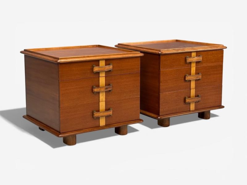 Paul Frankl, Rare Nightstands, Mahogany, Rock Maple, Brass, Leather, USA, 1950s - 5