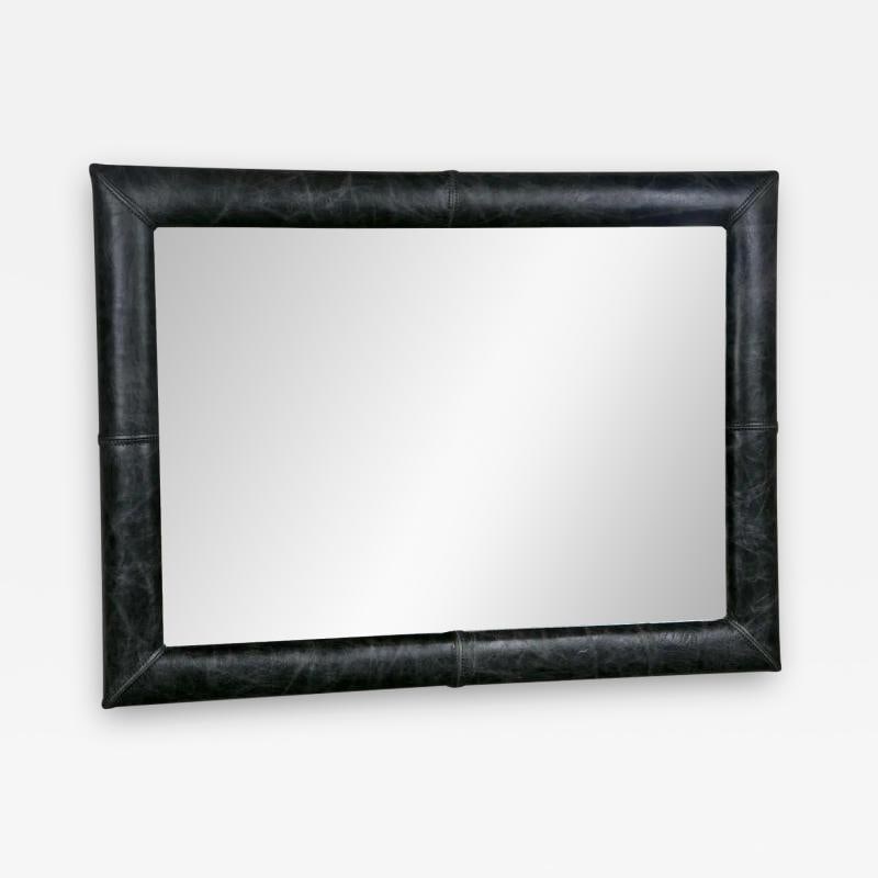 Mid-Century Wall Mirror Decorated Distressed Leather Upholstered Frame - 2