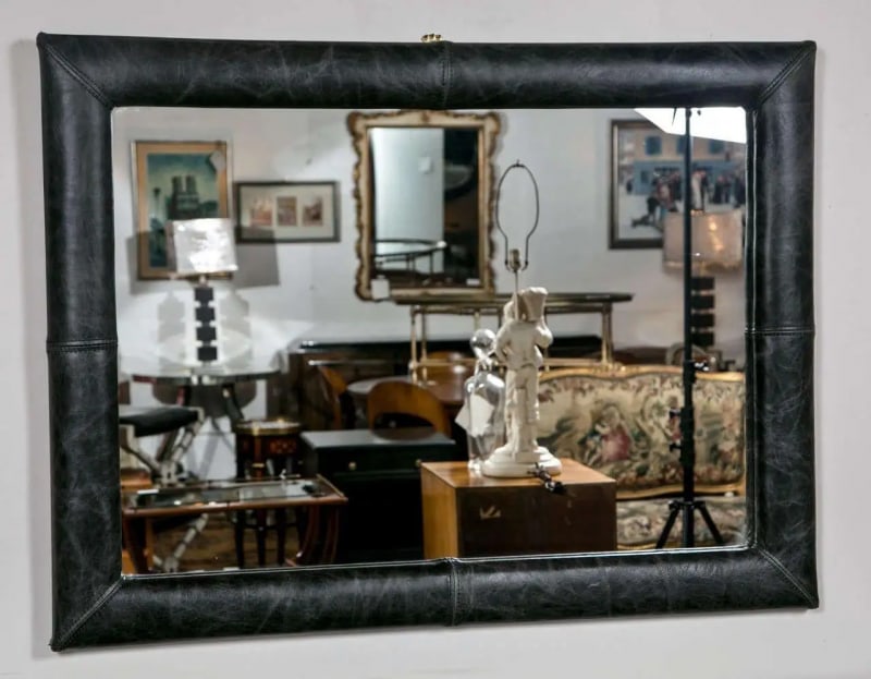 Mid-Century Wall Mirror Decorated Distressed Leather Upholstered Frame - 3