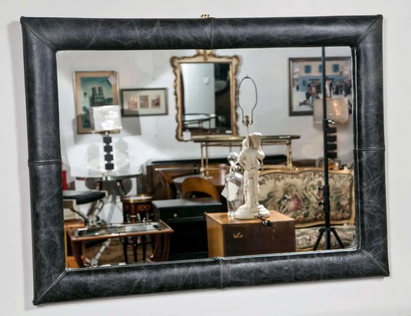 Mid-Century Wall Mirror Decorated Distressed Leather Upholstered Frame - 4