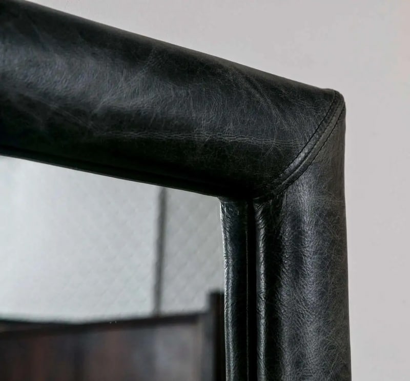 Mid-Century Wall Mirror Decorated Distressed Leather Upholstered Frame - 5