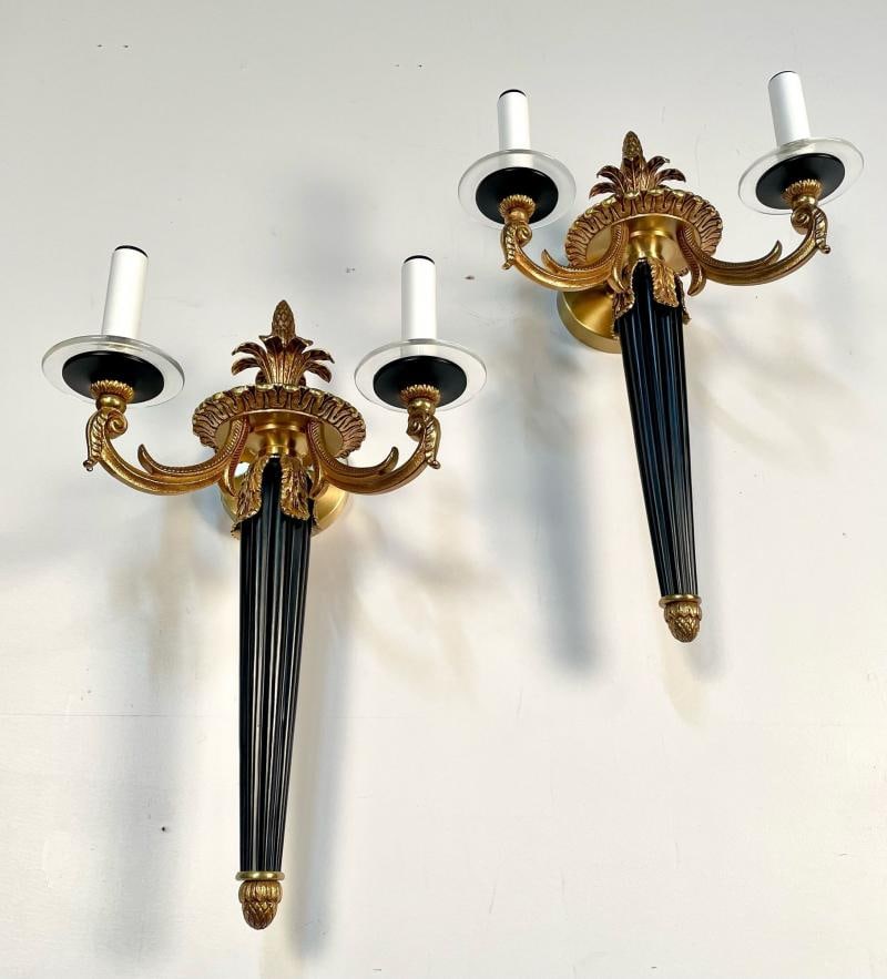 Pair Louis XVI Style French Sconces / Wall Lights, Ebony, Bronze, Maison Bagues - 10