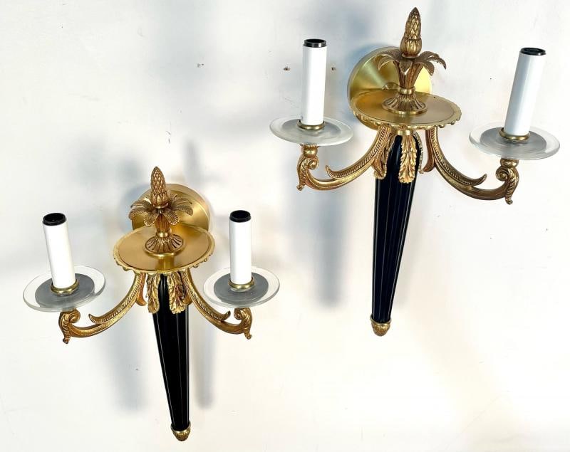 Pair Louis XVI Style French Sconces / Wall Lights, Ebony, Bronze, Maison Bagues - 6