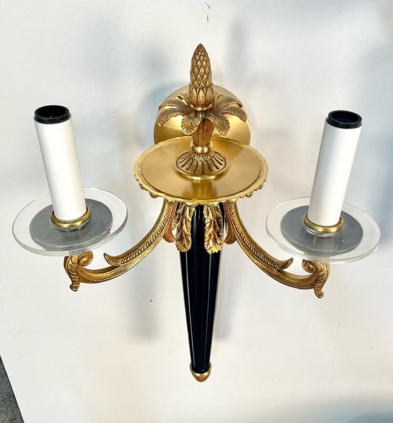 Pair Louis XVI Style French Sconces / Wall Lights, Ebony, Bronze, Maison Bagues - 8