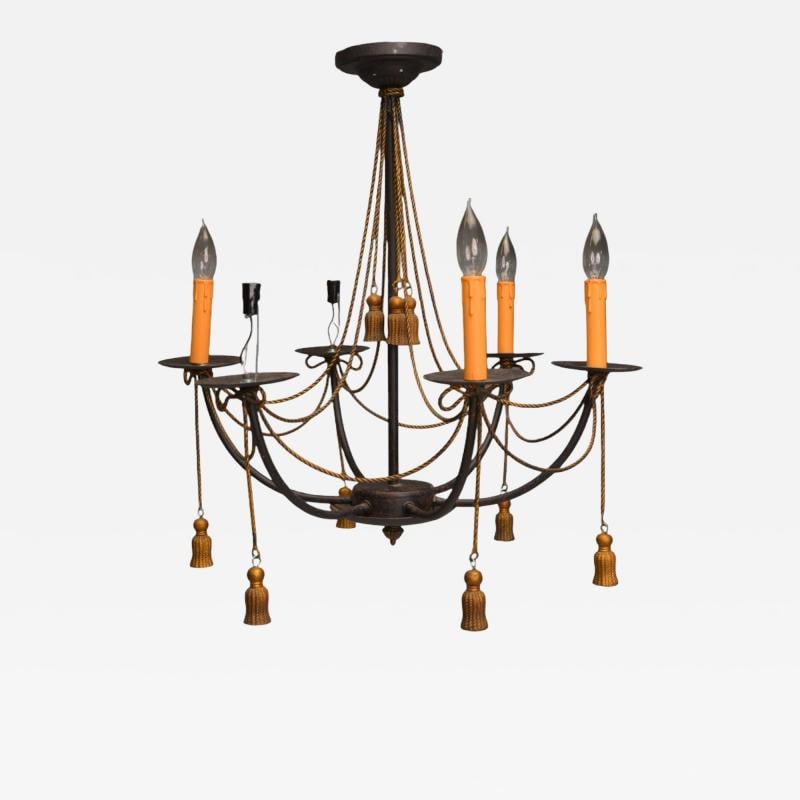 Hollywood Regency Style, Metal, Brass, Tassel Motif Chandelier, USA, 1960s: Title: Hollywood Regency Style, Metal, Brass, Tassel Motif Chandelier, USA, 1960s Description: Description 1: Hollywood Regency Style, Metal, Brass, Tassel Motif Chandelier, USA, 1960s A painted metal