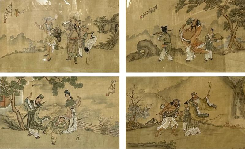 Set of Four Chinese Paintings in Rosewood Frames, Signed, 19th Century: Title: Set of Four Chinese Paintings in Rosewood Frames, Signed, 19th Century Description: Description 1: Set of Four Chinese Paintings in Rosewood Frames, Signed, 19th Century, Oil Canvas An evocativ