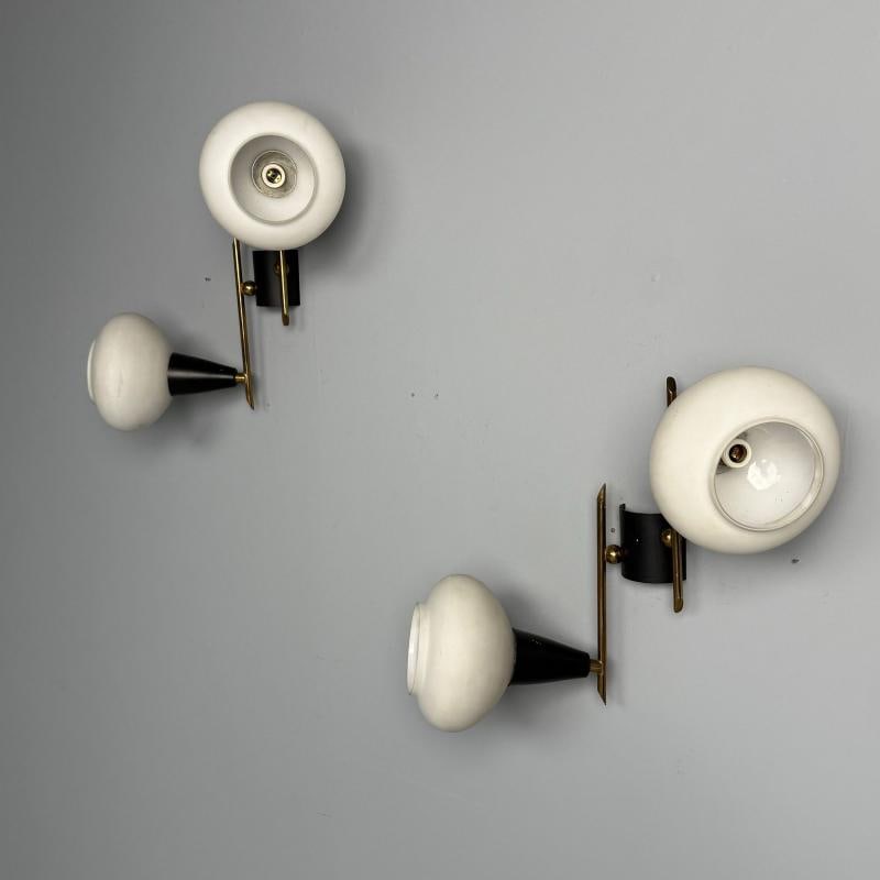 Italian Mid-Century Modern, Adjustable Wall Sconces, Brass, Opaline Glass, 1960s - 3