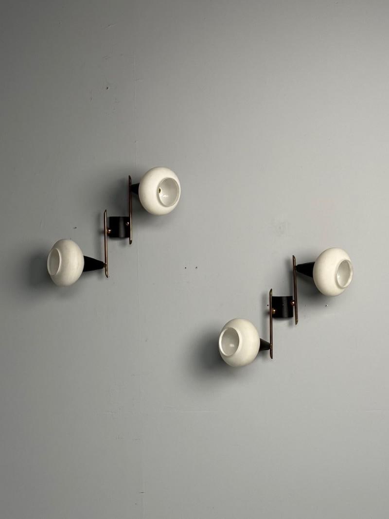 Italian Mid-Century Modern, Adjustable Wall Sconces, Brass, Opaline Glass, 1960s - 7