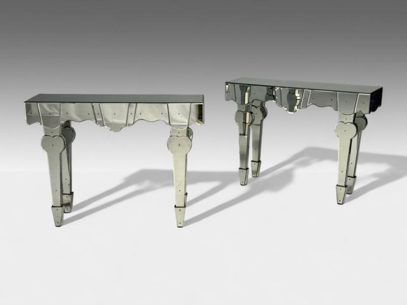 French Art Deco Style, Antique Glass, Painted Wood, Mirrored Console Tables - 3