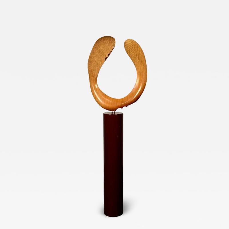 Modern Boomerang Wooden Sculpture on Steel Pedestal by David Hymes, Contemporary: Title: Modern Boomerang Wooden Sculpture on Steel Pedestal by David Hymes, Contemporary Description: Description 1: Modern Boomerang Wooden Sculpture on Steel Pedestal by David Hymes, Contemporary A