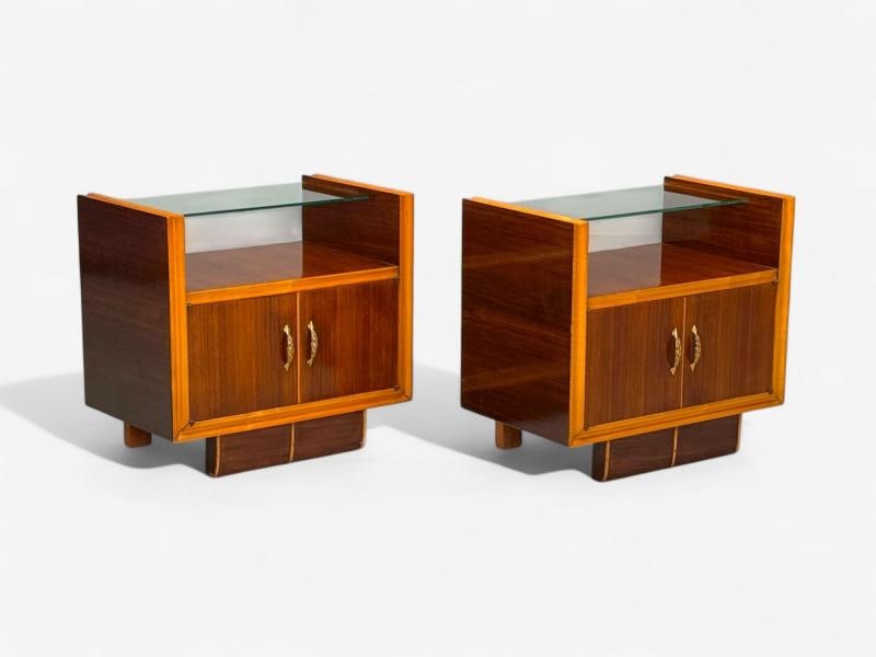 Italian Modern, Wood, Brass, Glass, Nightstands, Italy, 1950s - 4