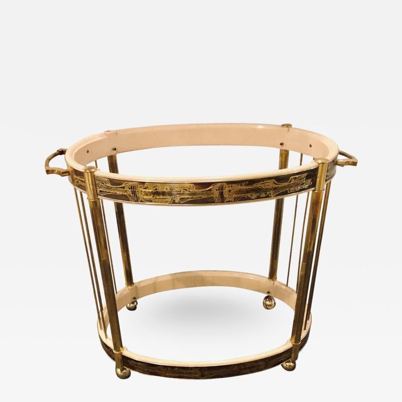 Mid-Century Modern Master-Craft Brass Acid Etched Bar-Cart or Serving Wagon: Title: Mid-Century Modern Master-Craft Brass Acid Etched Bar-Cart or Serving Wagon Description: Description 1: A Mid-Century Modern master-craft brass acid etched bar-cart or serving wagon. This simpl