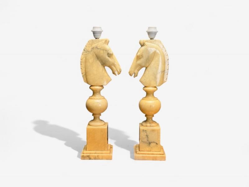 Italian Modern, Hand Carved Alabaster, Horse Motif, Table Lamps, Italy, 1950s - 3