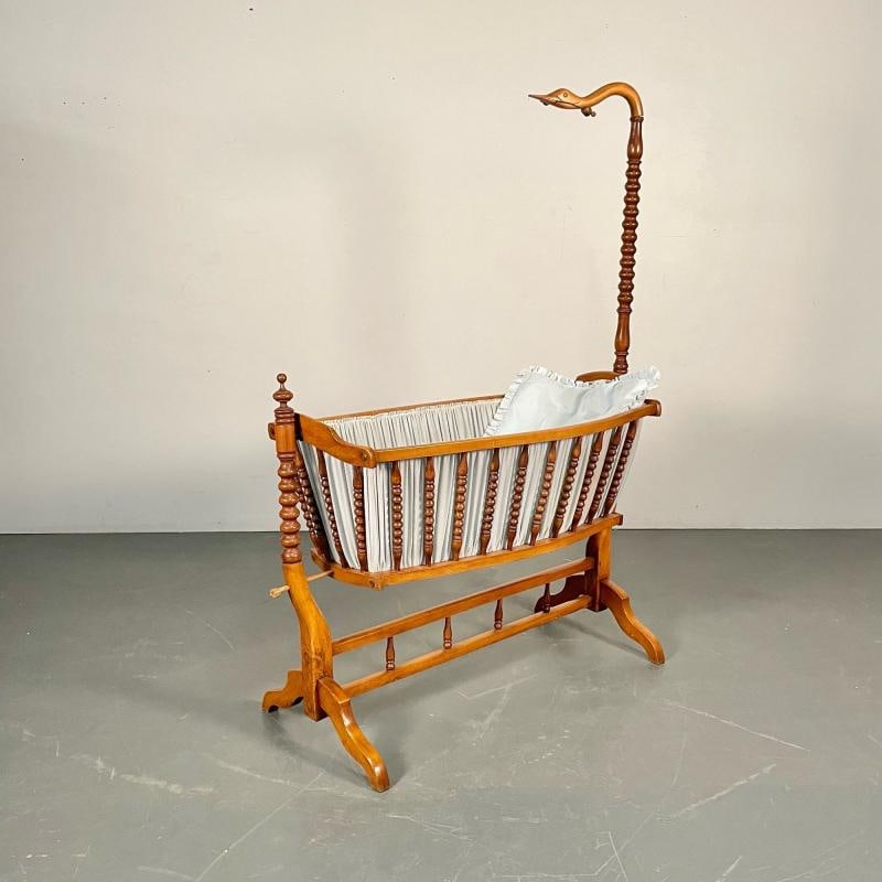 French Spindled 19th Century Walnut Decorative Cradle, Swan Motif - 2