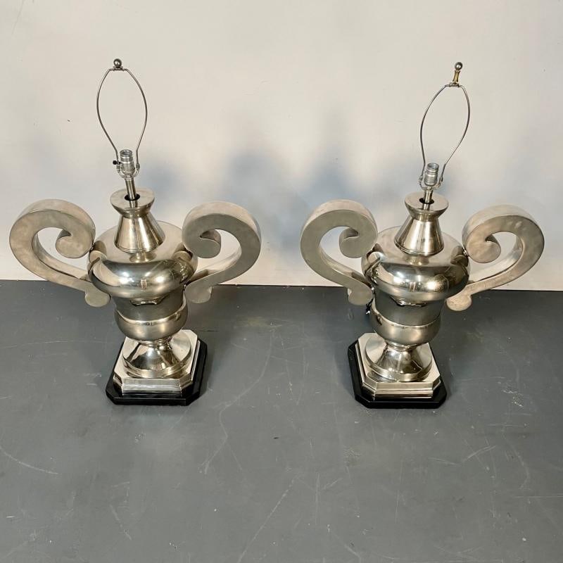 Pair of Hollywood Regency Polished Nickel Table Lamps, Large Urns - 12