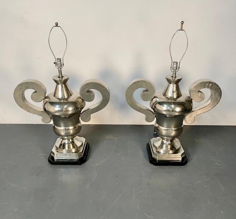 Pair of Hollywood Regency Polished Nickel Table Lamps, Large Urns - 4