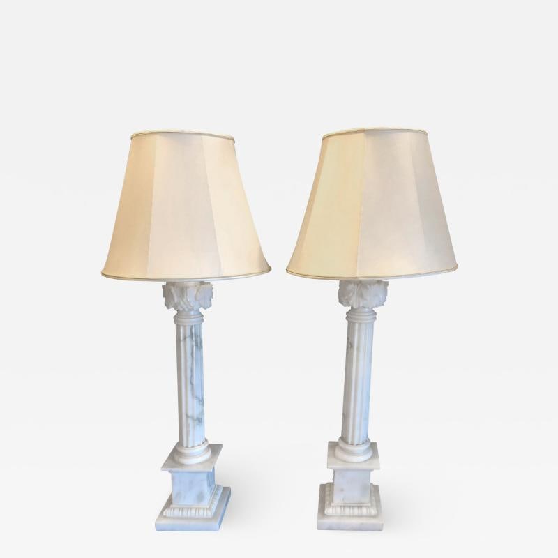 Pair of White and Grey Veined Column Marble Table Lamps with Custom Shades (1 of 11)