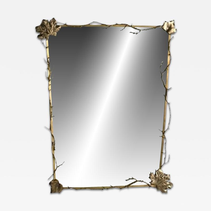 Modern Trapezoidal Bronze Wall Mirror, Branch and Leaf Motif, France, 21st C. (1 of 9)