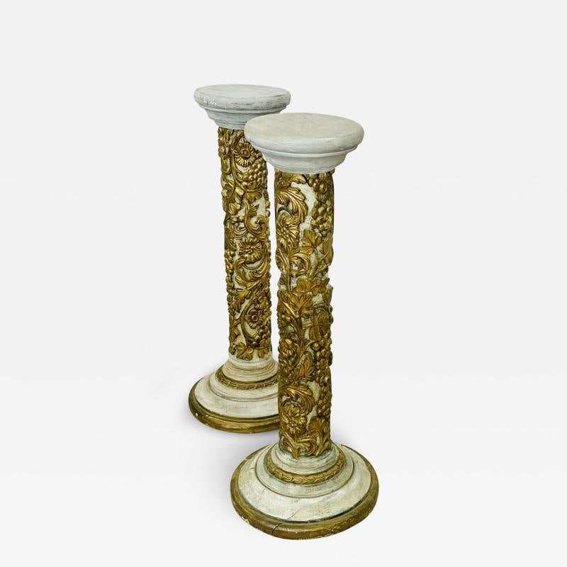 Pair of Giltwood and Paint Decorated Italian Columns, Pedestals, Gustavian Style: Title: Pair of Giltwood and Paint Decorated Italian Columns, Pedestals, Gustavian Style Description: Description 1: Pair of Table Top Diminutive Decorative Giltwood and Paint Decorated Italian Columns