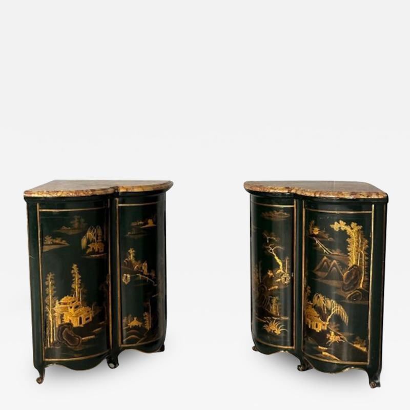 Pair Louis XV Style Japanned Corner Cabinets / Encoignures, Christies Provenance: Title: Pair Louis XV Style Japanned Corner Cabinets / Encoignures, Christies Provenance Description: Description 1: Pair of Maison Jansen Louis XV Style green and gilt Japanned Encoignures Finely Japa