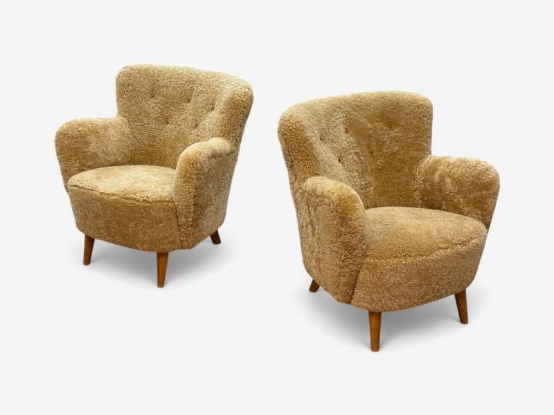 Danish Modern, Honey Sheepskin, Beech, Organic Lounge Chairs, Denmark, 1940s - 5