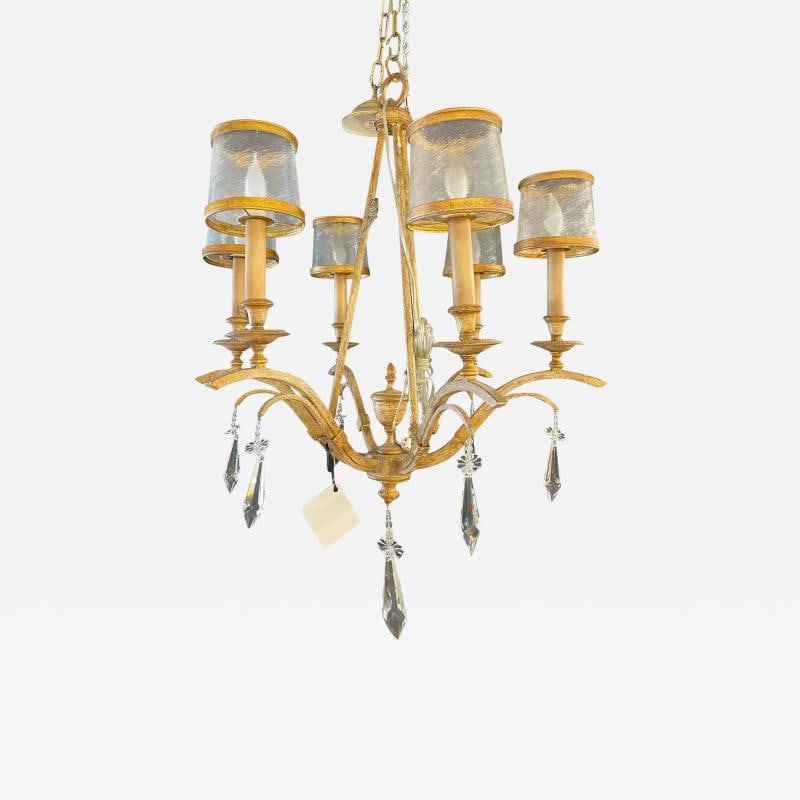 Italian Gilt Metal and Crystal Chandelier with Glass Shades: Title: Italian Gilt Metal and Crystal Chandelier with Glass Shades Description: Description 1: An Italian gilt metal and crystal chandelier with glass shades. This recently wired ceiling light brings 