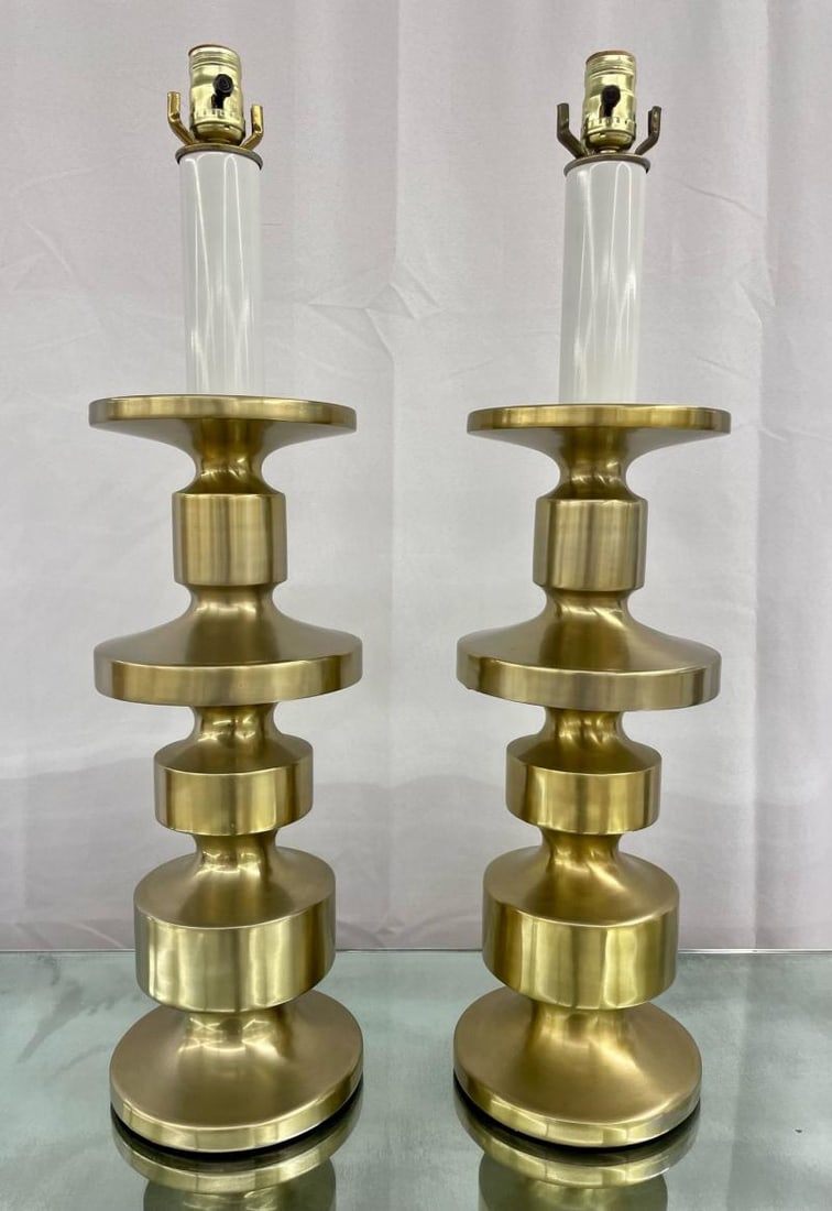 Pair of Hollywood Regency Solid Brass Table / Desk Lamps, Candlestick, Modern - 2