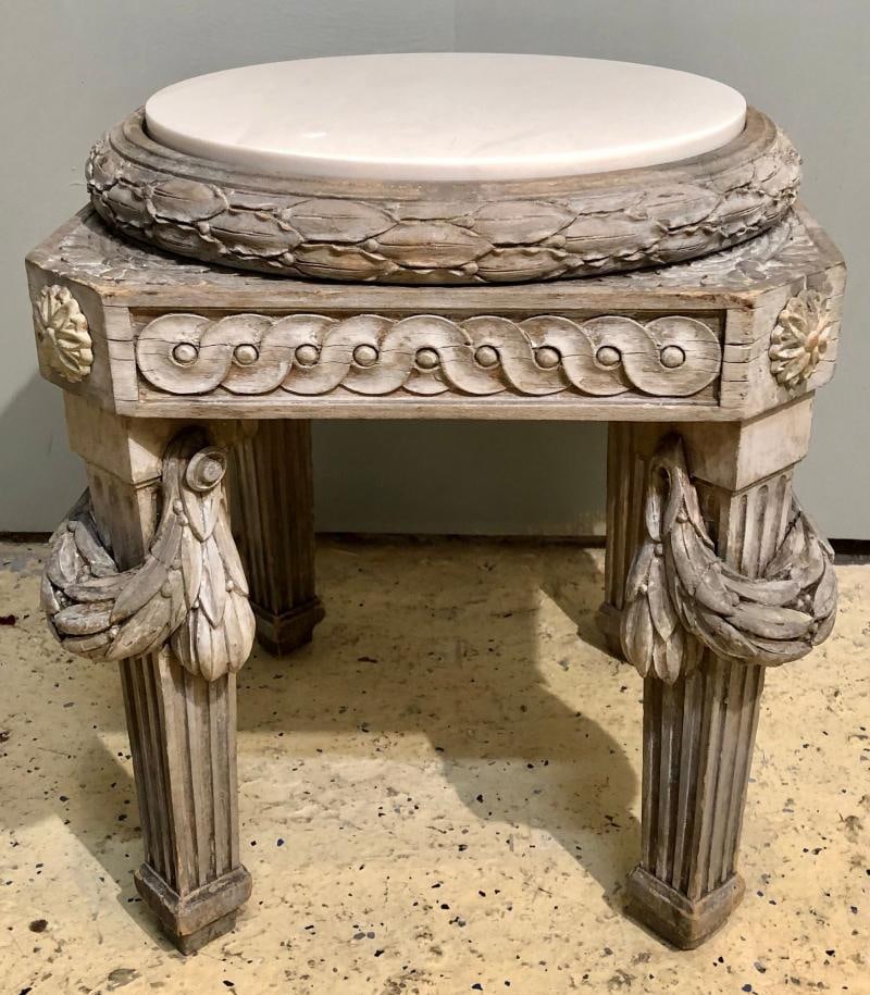 Gray Painted Swedish Stool with New Marble Top 19th Century Beechwood - 3