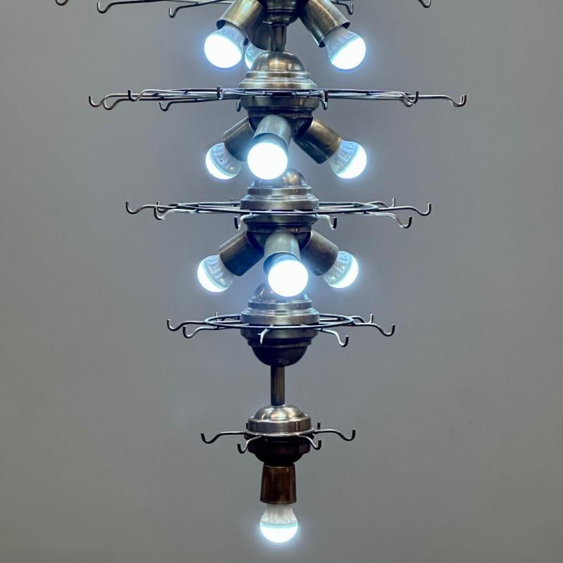 Pair Murano Disc Mid-Century Modern Tiered Chandelier, Antique Brass, Monumental - 10