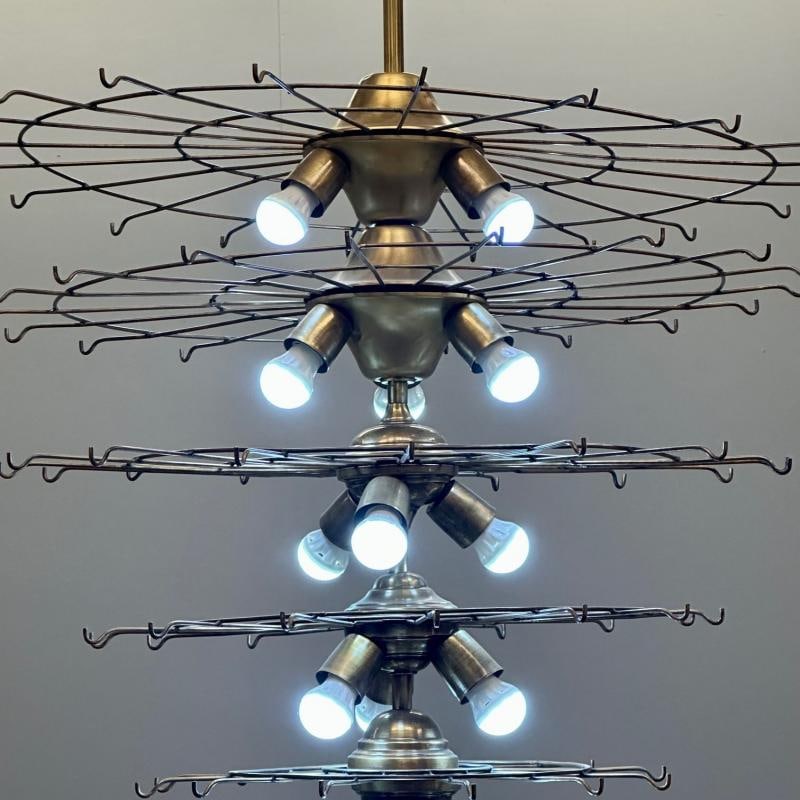Pair Murano Disc Mid-Century Modern Tiered Chandelier, Antique Brass, Monumental - 11