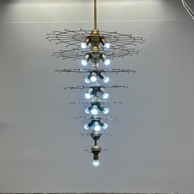 Pair Murano Disc Mid-Century Modern Tiered Chandelier, Antique Brass, Monumental - 12