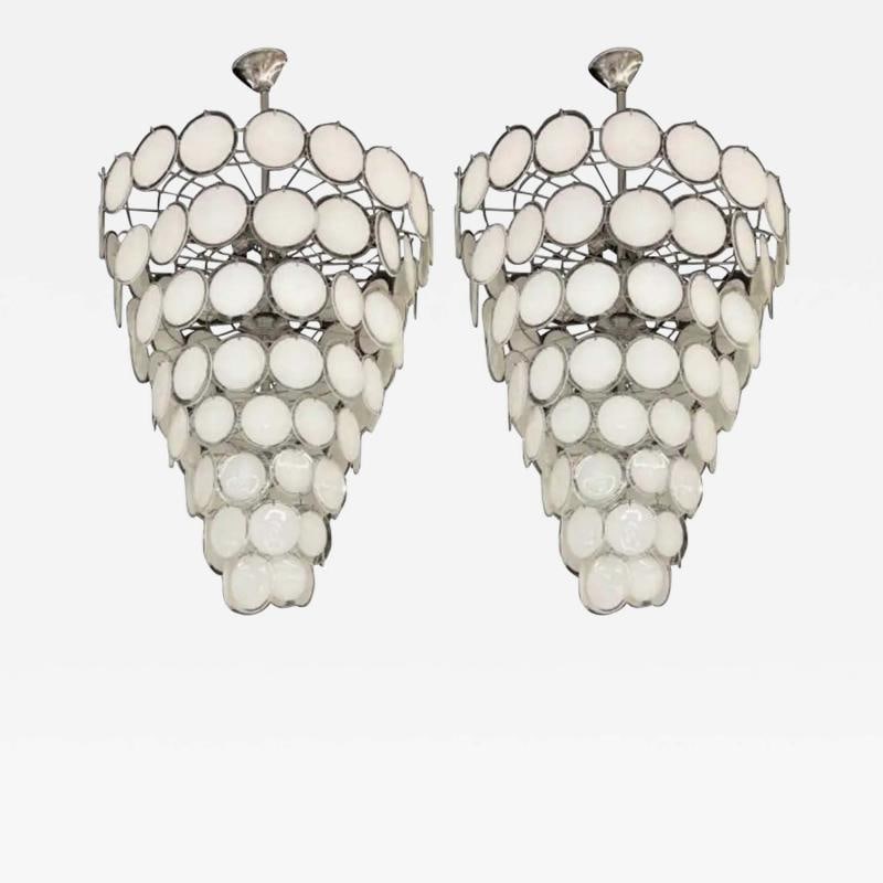 Pair Murano Disc Mid-Century Modern Tiered Chandelier, Antique Brass, Monumental (1 of 12)