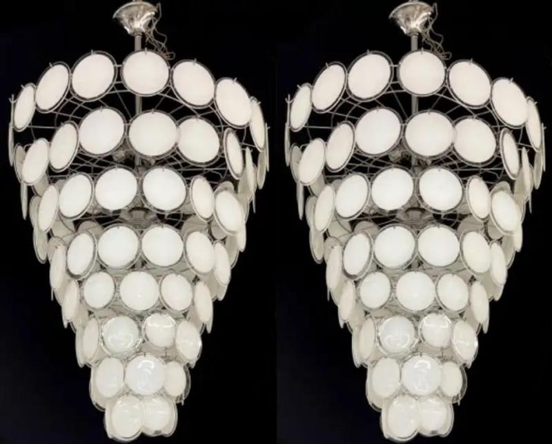 Pair Murano Disc Mid-Century Modern Tiered Chandelier, Antique Brass, Monumental - 3